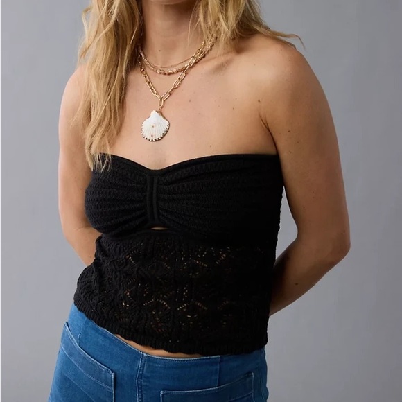 American Eagle Outfitters Tops - American Eagle black cinced front cropped crochet tube Top XL